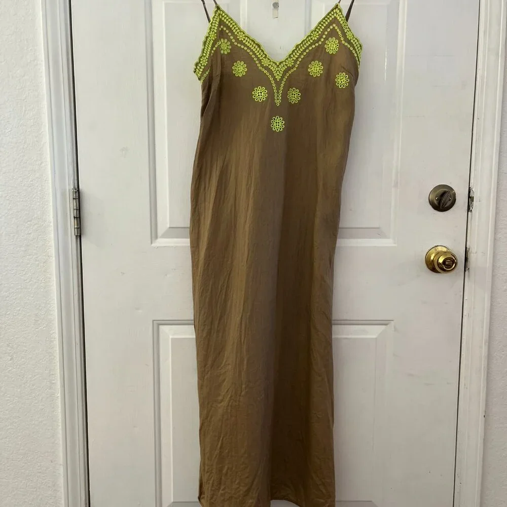 Zara Woman's 100% Linen Brown Embroider Flowers Eyelets Summer Maxi Dress Sz med - Picture 7 of 9